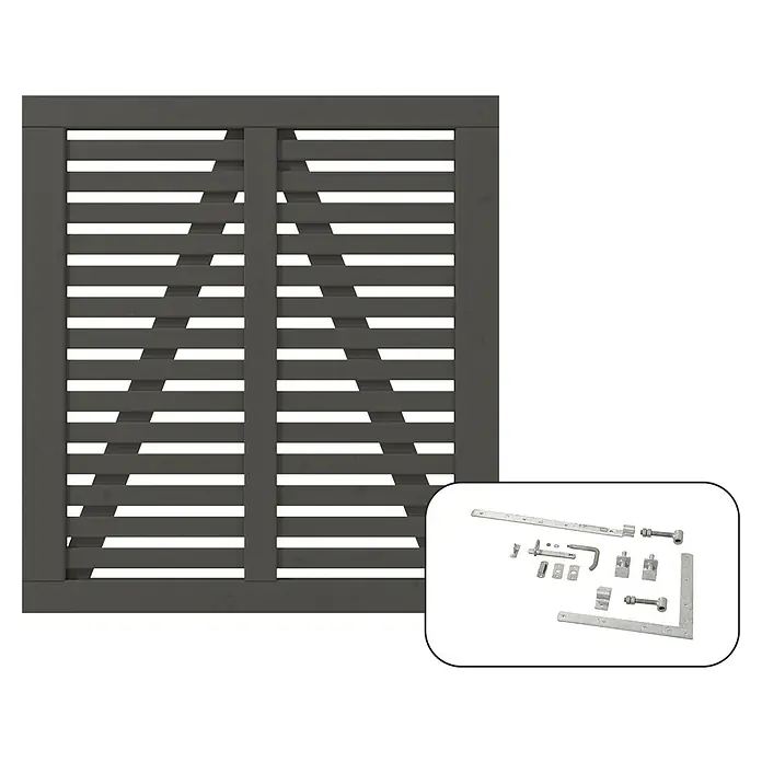 Plus Zauntor Harmoni inkl. Beschläge - 100 x 107 cm, Umbragrau (RAL 7022), Holz - Das Bild zeigt ein graues Lattenzaun-Set mit Beschlägen für einen sicheren und stilvollen Abschluss des Gartens.