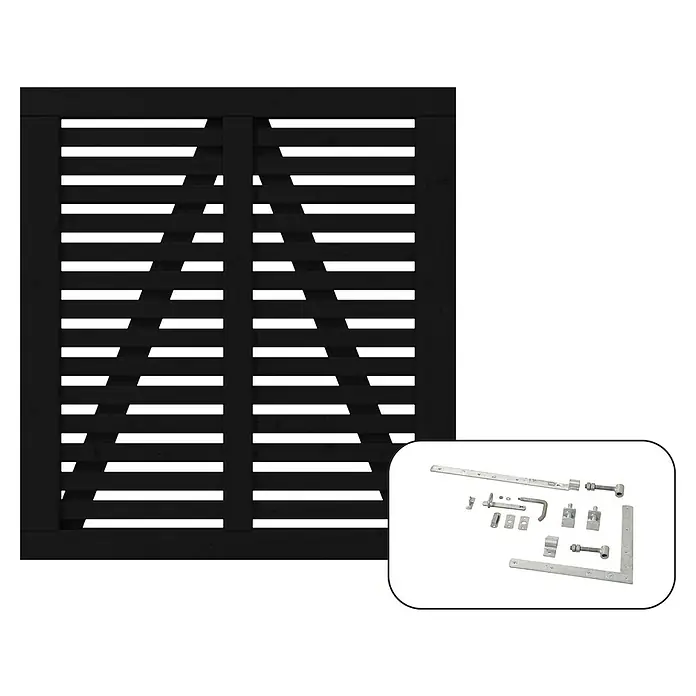 Plus Zauntor Harmoni inkl. Beschläge - 100 x 107 cm, Schwarz (RAL 9005), Holz - Das Bild zeigt einen modernen schwarzen Sichtschutzzaun und ein Set aus silberfarbenen Beschlägen für die Montage, ideal für Garten oder Terrasse.
