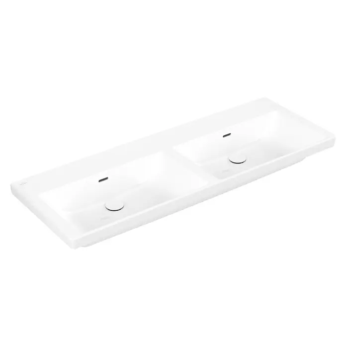 Villeroy & Boch Subway 3.0 Aufsatzwaschbecken - 130 x 47,5 cm, Mit schmutzabweisender Glasur, Hahnloch: Ohne, Mit Überlauf, Weiß Alpin, Anzahl Waschschüsseln: 2 Stk. - Weißes Keramik-Doppelwaschbecken mit integriertem Überlauf und zwei mittigen Abläufen.