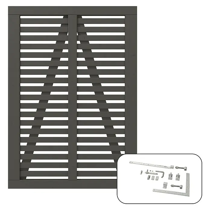 Plus Zauntor Harmoni inkl. Beschläge - 100 x 140 cm, Umbragrau (RAL 7022), Holz - Abbildung eines grauen Lamellenzauns mit dazugehörigen Beschlägen, ideal für den Außenbereich, der Privatsphäre und Stil bietet.