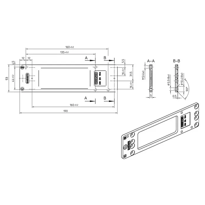 GEZE Montageplatte TS 2000 - L x B x H: 226 x 60 x 47 mm, Passend für: für Feuerschutztür und Rauchschutztür, Silber - Technische Zeichnung einer GEZE Türschließer-Montageplatte mit Maßangaben und Querschnitten zur detaillierten Produktansicht.