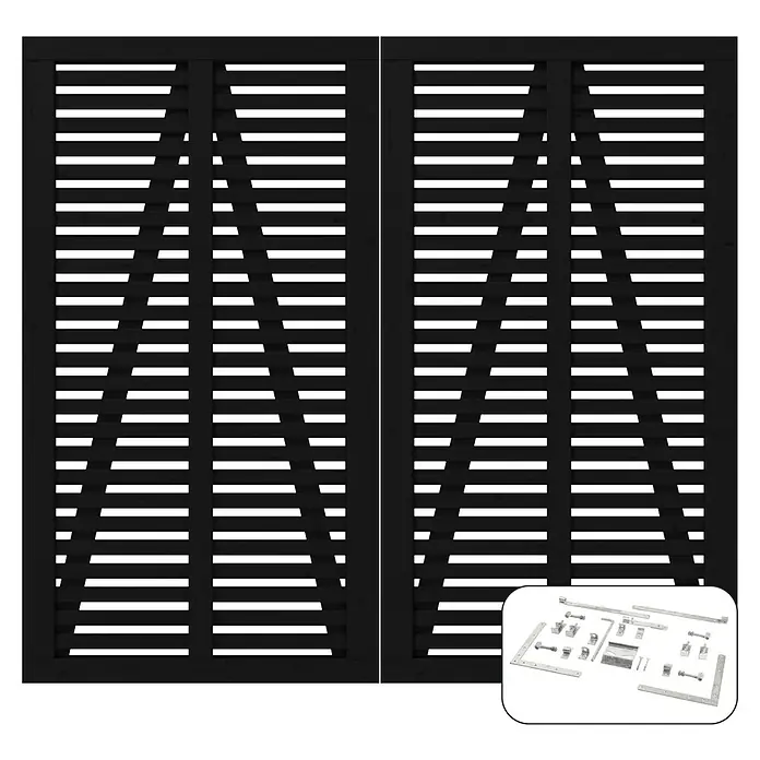 Plus Zauntor Harmoni inkl. Beschläge - 200 x 180 cm, Schwarz (RAL 9005), Holz - Dunkelgraue Holztore mit Lamellenstruktur, inklusive Montagematerial für eine einfache Installation. Perfekt für Hofeinfahrten oder als Sichtschutz.