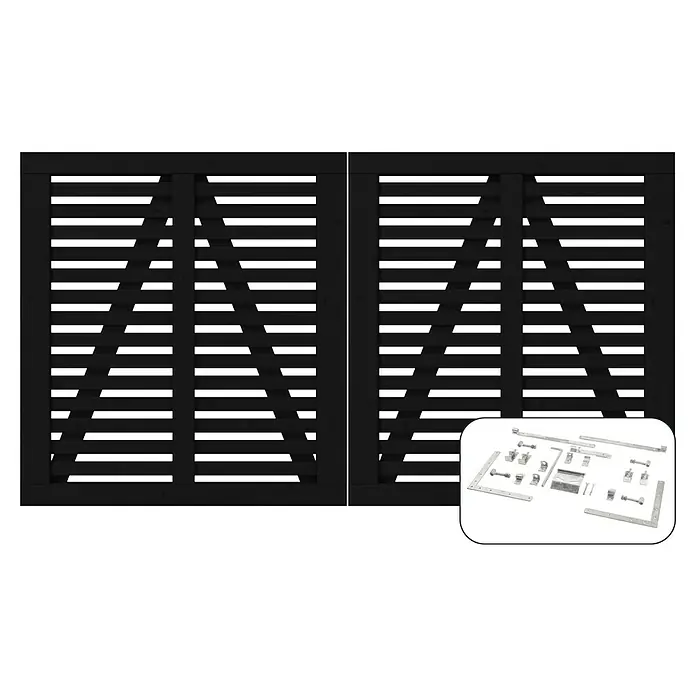 Plus Zauntor Harmoni inkl. Beschläge - 200 x 107 cm, Schwarz (RAL 9005), Holz - Das Bild zeigt ein schwarzes Sichtschutzzaun-Set mit den zugehörigen Beschlägen, ideal für den Garten oder die Terrasse.