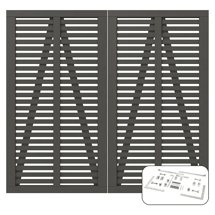 Plus Zauntor Harmoni inkl. Beschläge - 200 x 180 cm, Umbragrau (RAL 7022), Holz - Anthrazitfarbene Lamellentür mit Zubehör für eine einfache und moderne Installation. Optimal für Privatsphäre und Belüftung.