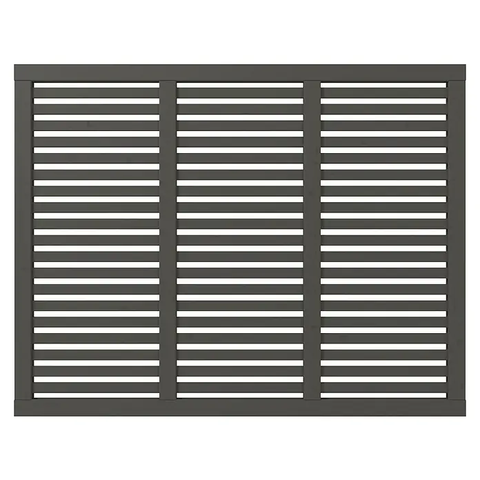 Plus Sichtschutzelement Harmoni - 180 x 140 cm, Umbragrau (RAL 7022) - Nahaufnahme eines grauen Fensterladens mit horizontalen Lamellen, ideal für moderne Hausfassaden und als Sichtschutz.