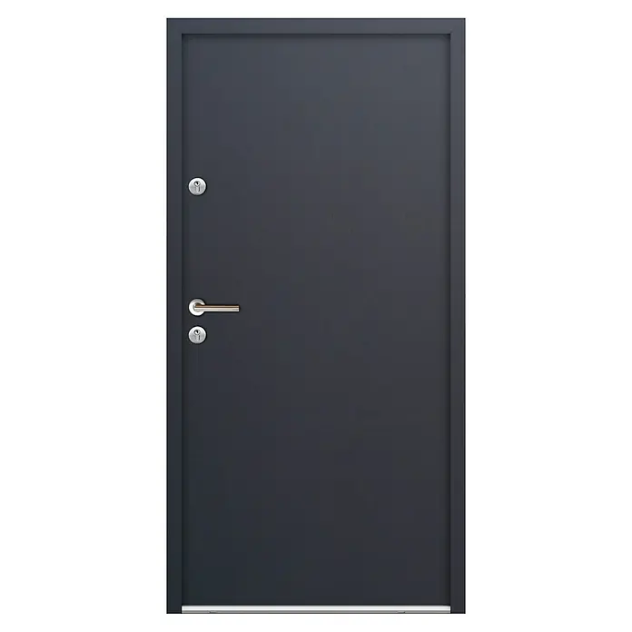 FM Türen Nebeneingangstür N68-00 - 100 x 200 cm, DIN Anschlag: Links, Anthrazit - Dunkelgraue Metall-Sicherheitstür mit gebürstetem Stahlgriff und zwei Schlüssellöchern.