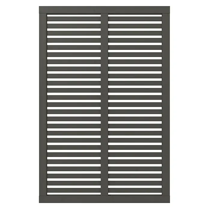 Plus Sichtschutzelement Harmoni - 120 x 180 cm, Umbragrau (RAL 7022) - Das Bild zeigt einen Fensterladen aus grauem Material mit horizontalen Lamellen, ideal für Lichtsteuerung und Privatsphäre.