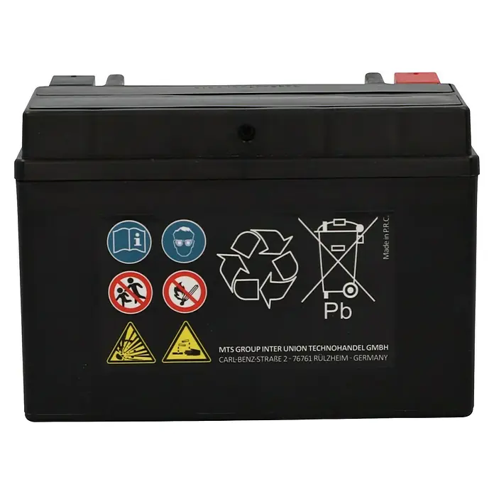 Cartec Motorradbatterie GEL YTX9-BS 9Ah 200A - 15 x 8,7 x 10,5 cm - Abbildung einer schwarzen Batterie mit verschiedenen Warnsymbolen und Herstellerinformationen auf dem Etikett.