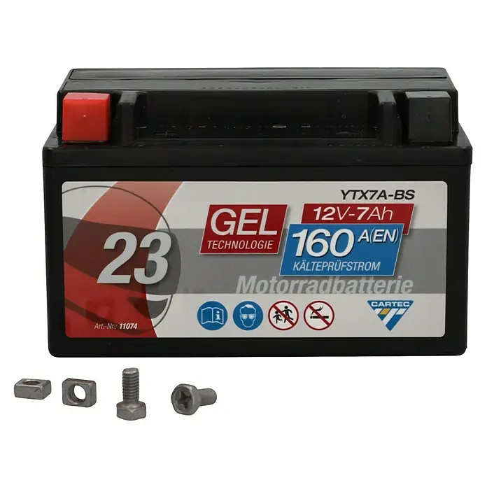 Cartec Motorradbatterie GEL YTX7A-BS 7Ah 160A - 15 x 8,7 x 9,3 cm - Eine 12V-7Ah GEL Motorradbatterie YTX7A-BS von CARTEC, ideal für Motorräder, mit 160A Kältestrom für zuverlässigen Start.