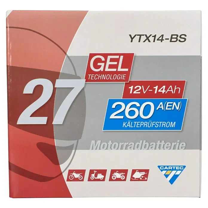 Cartec Motorradbatterie GEL YTX14-BS 14Ah 260A - 15 x 8,7 x 14,5 cm - Abbildung einer Cartec YTX14-BS Gel-Motorradbatterie, 12V-14Ah, 260A (EN) Kälteprüfstrom.
