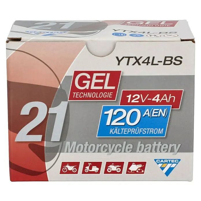 Cartec Motorradbatterie GEL YTX4L-BS 4Ah 120A - 11,3 x 7 x 8,5 cm - Abbildung einer Cartec YTX4L-BS Gel-Motorradbatterie mit 12 V-4Ah und 120 A (EN) Kälteprüfstrom.