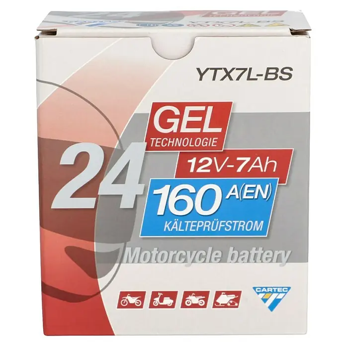 Cartec Motorradbatterie GEL YTX7L-BS 7Ah 160A - 11,3 x 7 x 13 cm - Produktbild einer CARTEC Motorradbatterie YTX7L-BS, eine 12V-7Ah Gel-Batterie mit 160A Kälteprüfstrom.