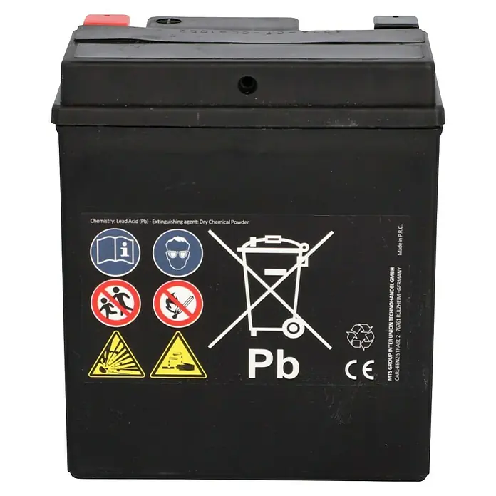 Cartec Motorradbatterie GEL YTX7L-BS 7Ah 160A - 11,3 x 7 x 13 cm - Abgebildet ist eine schwarze Blei-Säure-Batterie mit Warnsymbolen und Herstellerinformationen.