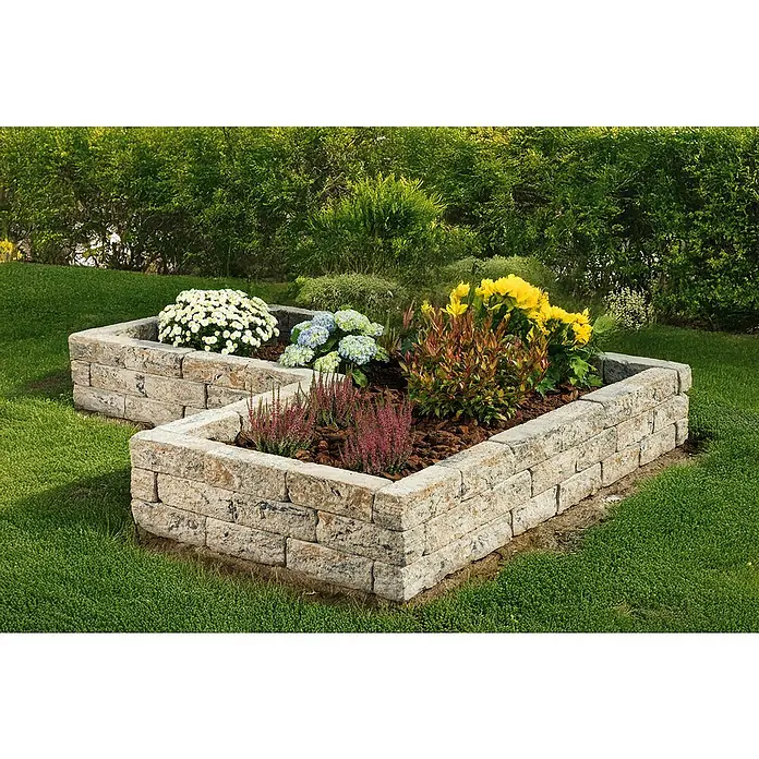 Diephaus Stamford Mauerstein - 30 x 10 x 10 cm, Muschelkalk, Beton - Zwei erhöhte Blumenbeete aus Stein mit verschiedenen Blumen, die eine schöne Gartengestaltung ermöglichen und die Pflanzen zur Geltung bringen.