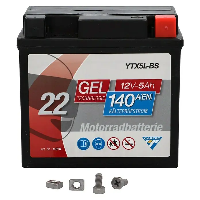 Cartec Motorradbatterie GEL YTX5L-BS 5Ah 140A - 11,3 x 7 x 10,5 cm - Hier ist eine YTX5L-BS 12V-5Ah Gel Motorradbatterie mit 140A Kälteprüfstrom. Inklusive Schrauben zur einfachen Installation.