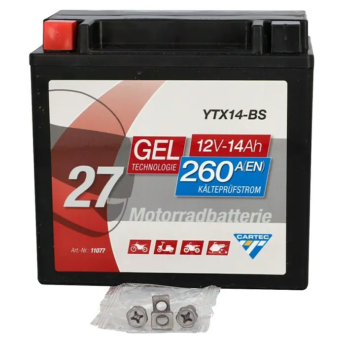 Cartec Motorradbatterie GEL YTX14-BS 14Ah 260A - 15 x 8,7 x 14,5 cm - Eine YTX14-BS 12V-14Ah GEL Motorradbatterie von CARTEC mit 260A Kälteprüfstrom und Zubehör.