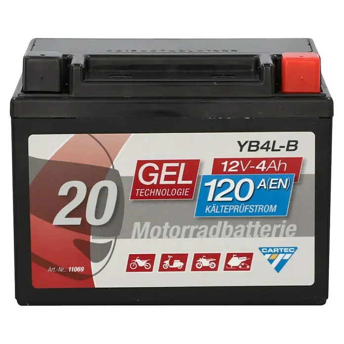Cartec Motorradbatterie GEL YB4L-B 4Ah 120 A - 7 x 9,2 x 12 cm - Hier ist eine Cartec YB4L-B Gel Motorradbatterie, 12V-4Ah, mit 120A Kältestrom. Ideal für Motorräder und andere kleine Fahrzeuge.