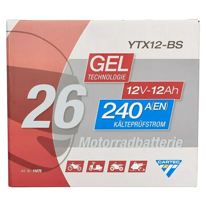 Cartec Motorradbatterie GEL YTX12-BS 12Ah 240A - 13 x 8,7 x 13 cm - Produktbild einer Cartec YTX12-BS Gel Motorradbatterie mit 12V-12Ah und 240A Kältestrom, ideal für Motorräder und andere Fahrzeuge.