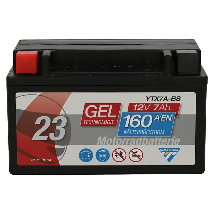 Cartec Motorradbatterie GEL YTX7A-BS 7Ah 160A - 15 x 8,7 x 9,3 cm - Nahaufnahme einer YTX7A-BS GEL Motorradbatterie mit 12V-7Ah und 160A(EN) Kälteprüfstrom.