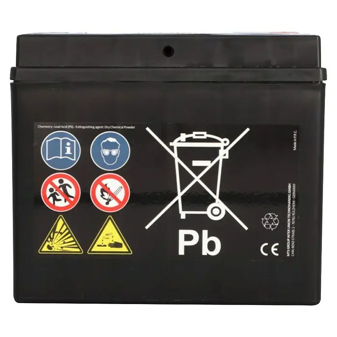 Cartec Motorradbatterie GEL YTX12-BS 12Ah 240A - 13 x 8,7 x 13 cm - Schwarze Autobatterie mit Warnsymbolen und Angaben zur chemischen Zusammensetzung.