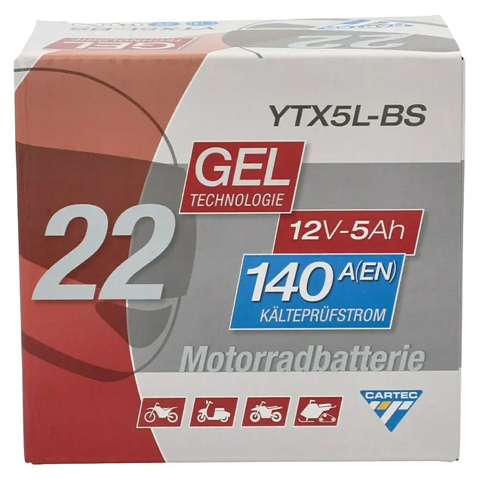 Cartec Motorradbatterie GEL YTX5L-BS 5Ah 140A - 11,3 x 7 x 10,5 cm - Abbildung einer YTX5L-BS Motorradbatterie von Cartec, eine 12V-5Ah Gel-Batterie mit 140A Kälteprüfstrom für Motorräder, Roller usw.
