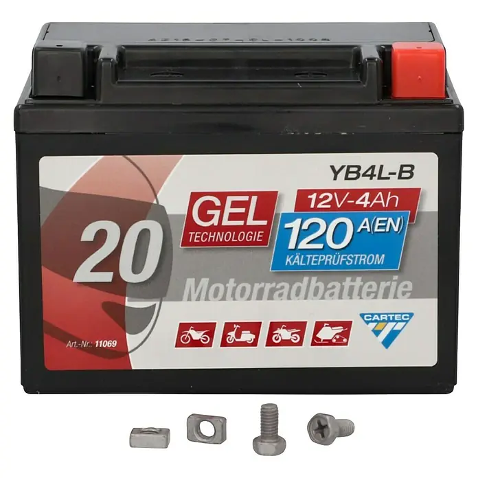 Cartec Motorradbatterie GEL YB4L-B 4Ah 120 A - 7 x 9,2 x 12 cm - Eine YB4L-B 12V-4Ah GEL Motorradbatterie von CARTEC, ideal für Motorräder und andere Fahrzeuge, inklusive Befestigungsmaterial.