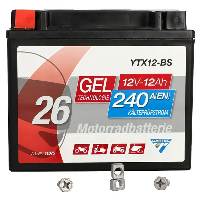 Cartec Motorradbatterie GEL YTX12-BS 12Ah 240A - 13 x 8,7 x 13 cm - Eine YTX12-BS 12V-12Ah GEL Motorradbatterie von CARTEC, die 240A Kälteprüfstrom liefert, abgebildet mit Zubehör.