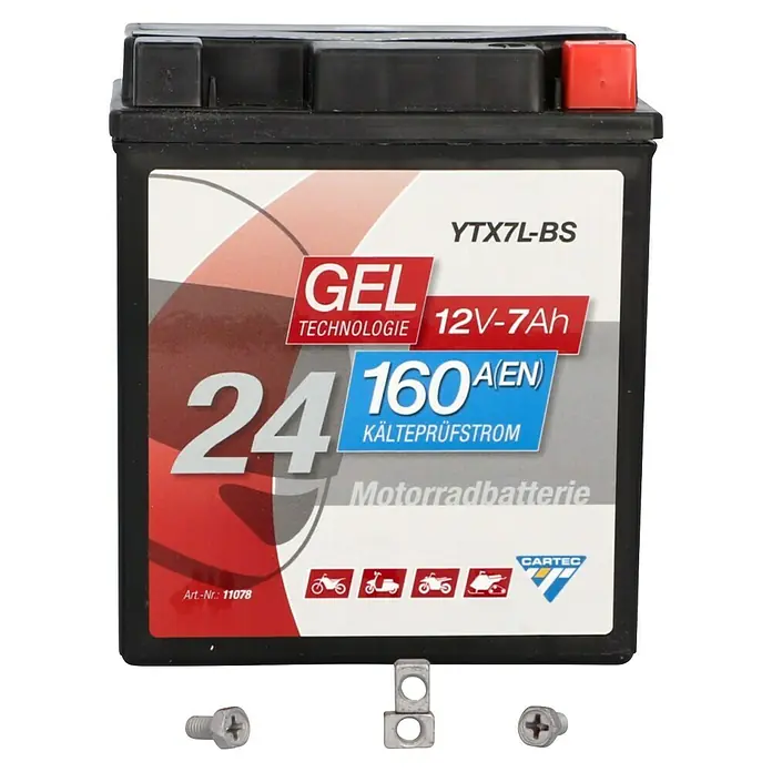 Cartec Motorradbatterie GEL YTX7L-BS 7Ah 160A - 11,3 x 7 x 13 cm - Eine Cartec YTX7L-BS Gel Motorradbatterie, 12V-7Ah, 160A Kälteprüfstrom, mit Zubehör. Ideal für Motorräder, Roller und Schneemobile.