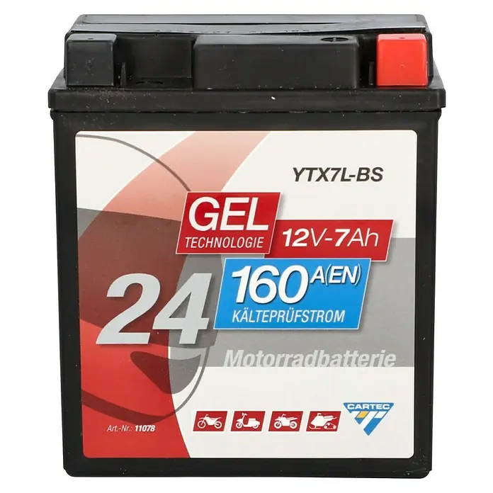 Cartec Motorradbatterie GEL YTX7L-BS 7Ah 160A - 11,3 x 7 x 13 cm - Abbildung einer Cartec YTX7L-BS Gel Motorradbatterie mit 12V-7Ah und 160A Kältestrom für zuverlässigen Start.
