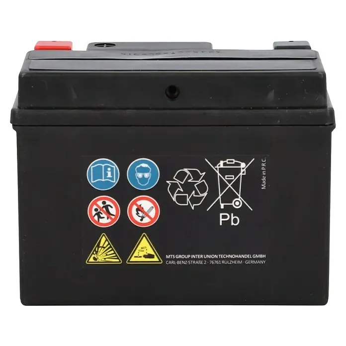 Cartec Motorradbatterie GEL YTX4L-BS 4Ah 120A - 11,3 x 7 x 8,5 cm - Abbildung einer schwarzen Autobatterie mit Warnsymbolen und Herstellerinformationen.