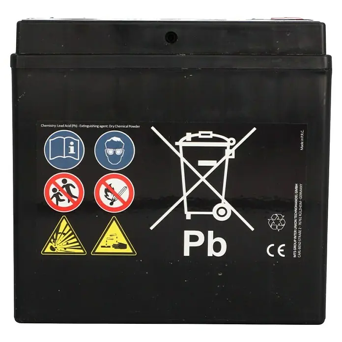 Cartec Motorradbatterie GEL YTX14-BS 14Ah 260A - 15 x 8,7 x 14,5 cm - Abgebildet ist eine schwarze Autobatterie mit Warnhinweisen zu Blei, Entsorgung und Ätzgefahr.