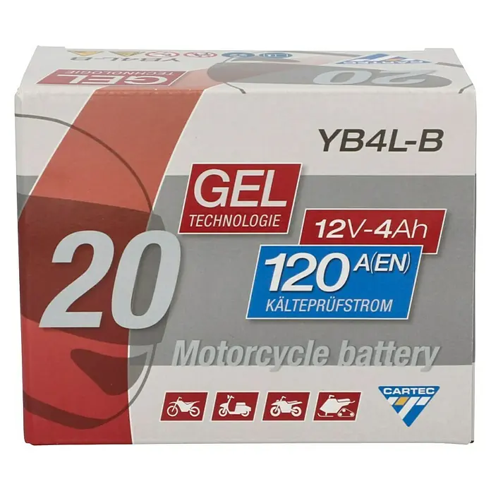 Cartec Motorradbatterie GEL YB4L-B 4Ah 120 A - 7 x 9,2 x 12 cm - Die Cartec YB4L-B Gel Motorradbatterie mit 12V-4Ah und 120A Kälteprüfstrom, ideal für Motorräder und andere Fahrzeuge.
