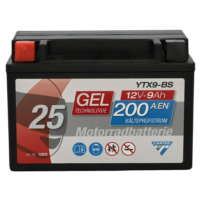Cartec Motorradbatterie GEL YTX9-BS 9Ah 200A - 15 x 8,7 x 10,5 cm - Abbildung einer Cartec YTX9-BS 12V-9Ah Motorradbatterie mit GEL Technologie, 200A Kältestrom, und Artikelnummer 11073, ideal für Motorräder.