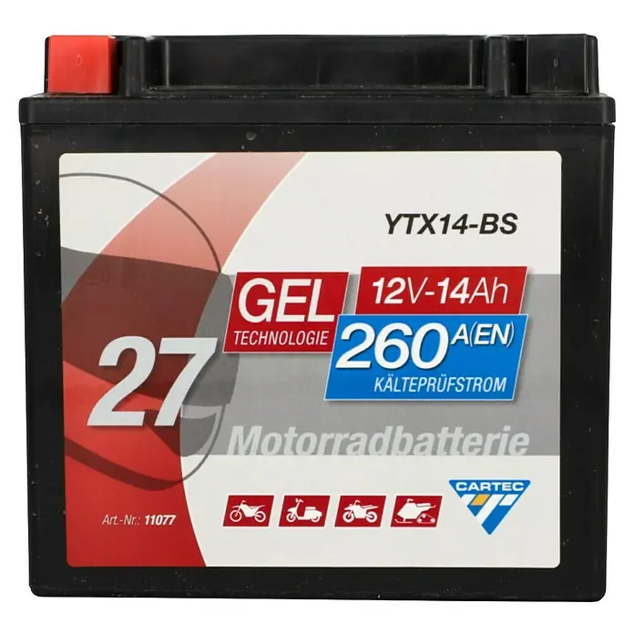 Cartec Motorradbatterie GEL YTX14-BS 14Ah 260A - 15 x 8,7 x 14,5 cm - Produktbild einer Cartec Motorradbatterie YTX14-BS, eine 12V 14Ah Gel-Batterie mit 260A Kälteprüfstrom für zuverlässigen Motorradstart.