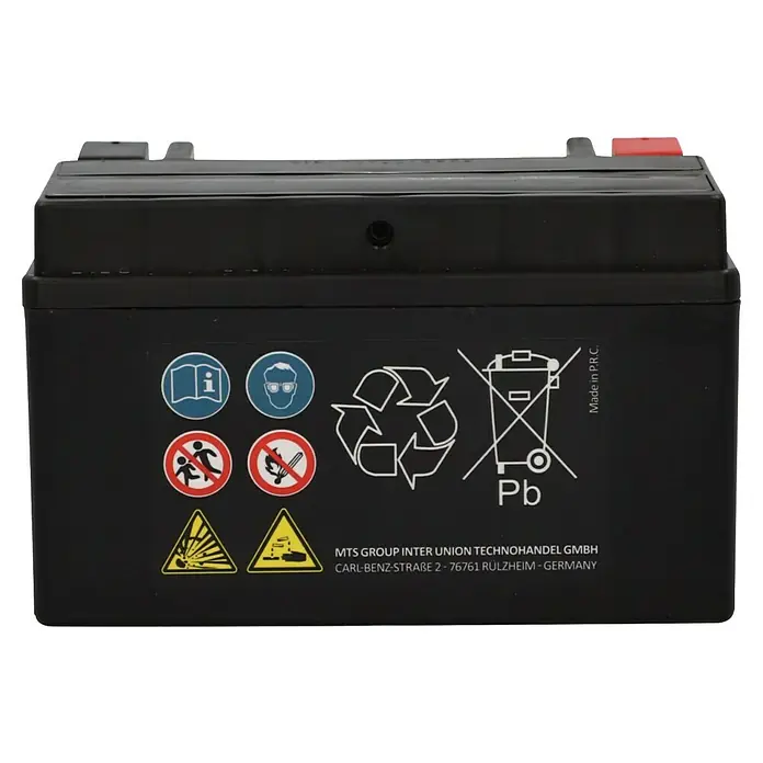 Cartec Motorradbatterie GEL YTX7A-BS 7Ah 160A - 15 x 8,7 x 9,3 cm - Abbildung einer schwarzen Batterie mit Warnsymbolen und Herstellerinformationen, die auf der Seite des Akkus aufgedruckt sind.