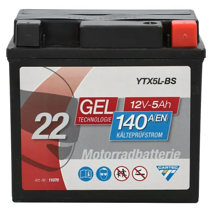 Cartec Motorradbatterie GEL YTX5L-BS 5Ah 140A - 11,3 x 7 x 10,5 cm - Produktabbildung einer YTX5L-BS Motorradbatterie mit Gel-Technologie, 12V-5Ah und 140A Kälteprüfstrom, ideal für Motorräder.