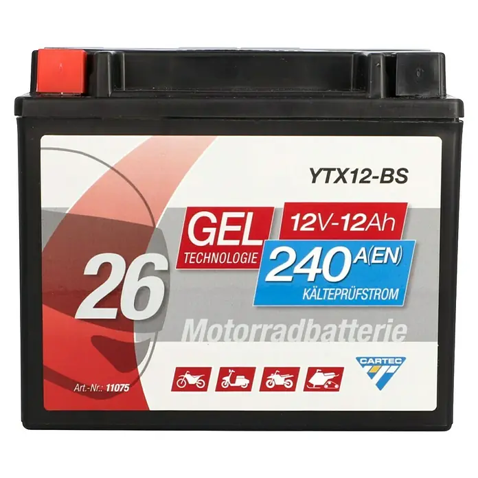 Cartec Motorradbatterie GEL YTX12-BS 12Ah 240A - 13 x 8,7 x 13 cm - Bild einer Cartec YTX12-BS Gel Motorradbatterie mit 12V-12Ah und 240A Kälteprüfstrom. Eine zuverlässige Batterie für Ihr Motorrad.