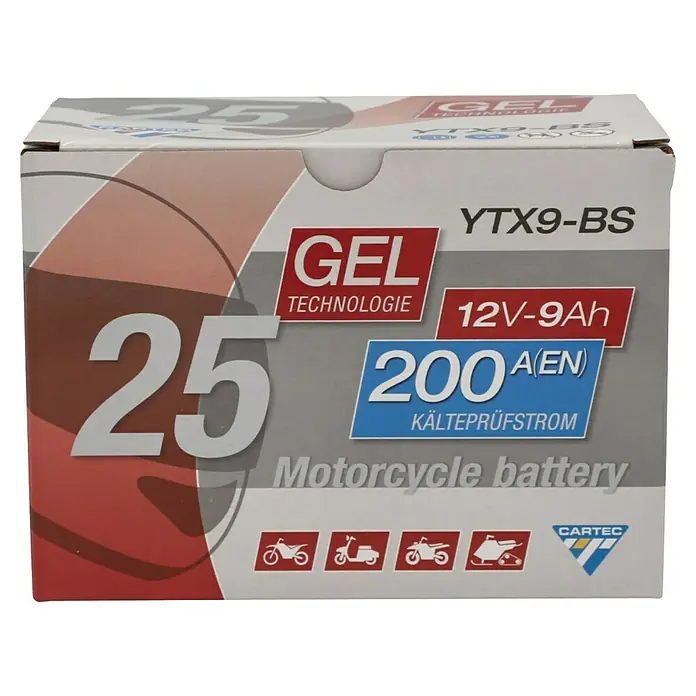 Cartec Motorradbatterie GEL YTX9-BS 9Ah 200A - 15 x 8,7 x 10,5 cm - Abbildung einer Cartec Gel Technologie Motorradbatterie YTX9-BS mit 12V-9Ah und 200A Kältestrom.
