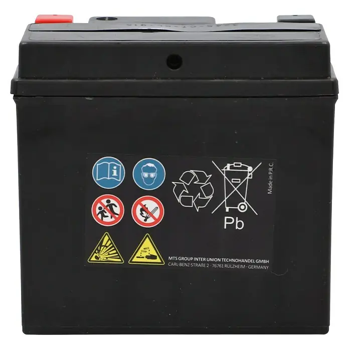 Cartec Motorradbatterie GEL YTX5L-BS 5Ah 140A - 11,3 x 7 x 10,5 cm - Nahaufnahme einer schwarzen Batterie mit Warnhinweisen und Herstellerinformationen auf dem Etikett.