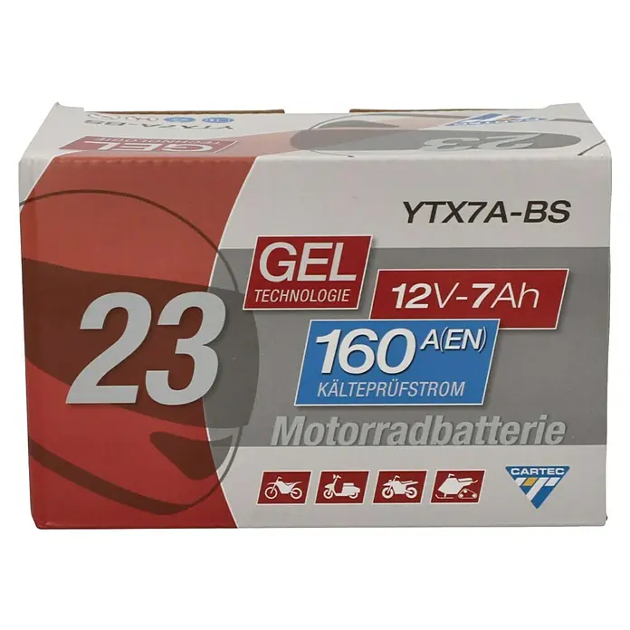 Cartec Motorradbatterie GEL YTX7A-BS 7Ah 160A - 15 x 8,7 x 9,3 cm - Produktabbildung einer YTX7A-BS Motorradbatterie mit 12V-7Ah und 160A Kälteprüfstrom, ideal für Motorräder, Roller und Schneemobile.
