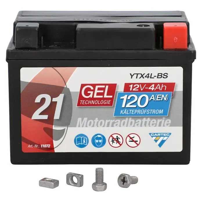 Cartec Motorradbatterie GEL YTX4L-BS 4Ah 120A - 11,3 x 7 x 8,5 cm - Nahaufnahme einer YTX4L-BS 12V-4Ah Gel Motorradbatterie von CARTEC.