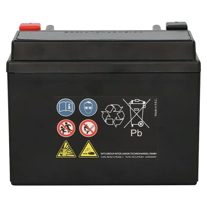 Cartec Motorradbatterie GEL YB4L-B 4Ah 120 A - 7 x 9,2 x 12 cm - Schwarze Batterie mit Warnhinweisen und Herstellerinformationen auf dem Etikett.