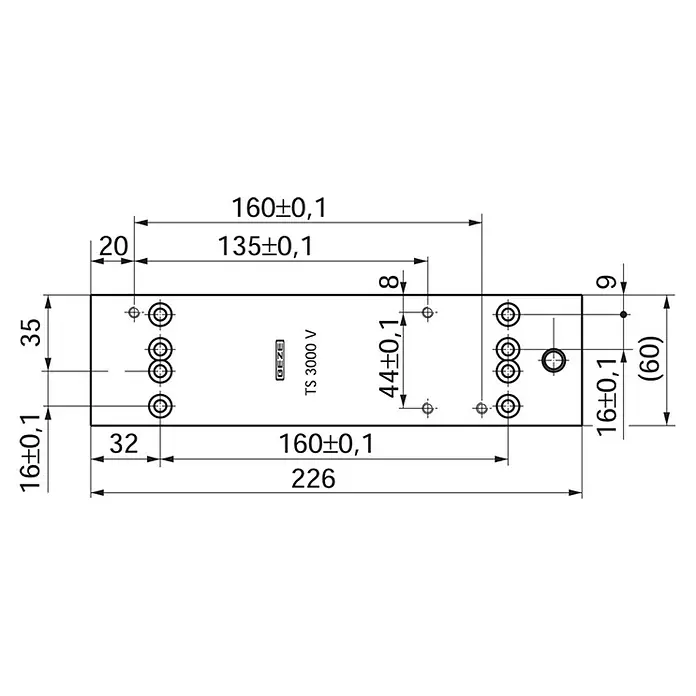 GEZE Montageplatte TS 3000 - L x B x H: 226 x 60 x 60 mm, Passend für: Feuerschutztür und Rauchschutztür zur Türblattmontage, Silber - Abbildung des GEZE TS 3000 V Türschließers mit Maßangaben für die Montage und Installation.