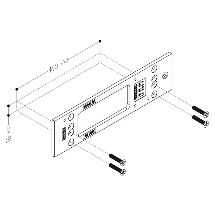 GEZE Montageplatte TS 3000 - L x B x H: 226 x 60 x 60 mm, Passend für: Feuerschutztür und Rauchschutztür zur Türblattmontage, Silber - Technische Zeichnung eines Montageelements mit Schrauben und Maßangaben. Das Bauteil ist präzise dargestellt.