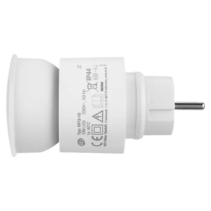 LED-Steckdosenspot - Ø x H: 6,3 x 10,4 cm, Weiß, 10 W, 1.000 lm, Dimmbar - Detailaufnahme eines weißen REV Ritter RFQ-10 LED-Adapters mit Produktspezifikationen und Sicherheitszertifizierungen.