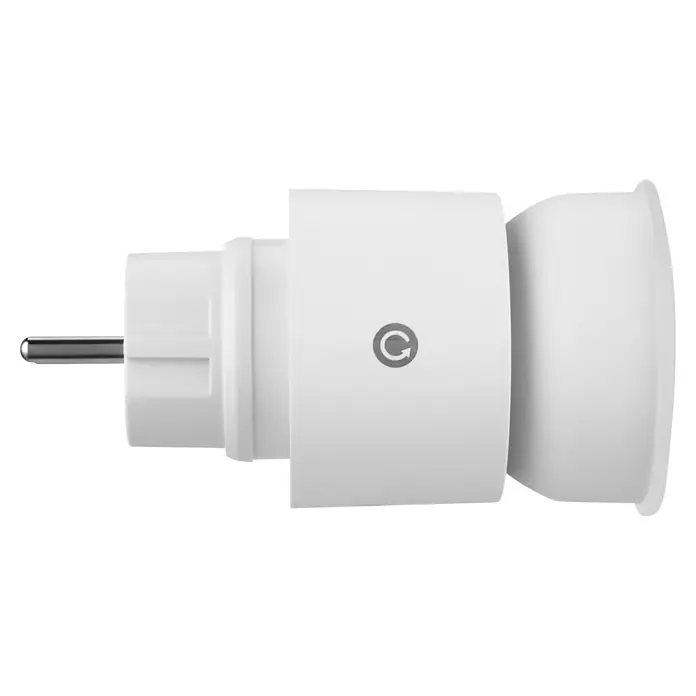 LED-Steckdosenspot - Ø x H: 6,3 x 10,4 cm, Weiß, 10 W, 1.000 lm, Dimmbar - Nahaufnahme eines weißen Smart-Home-Steckers mit einem stilisierten "G"-Logo, der Komfort und Technologie für intelligente Geräte vereint.