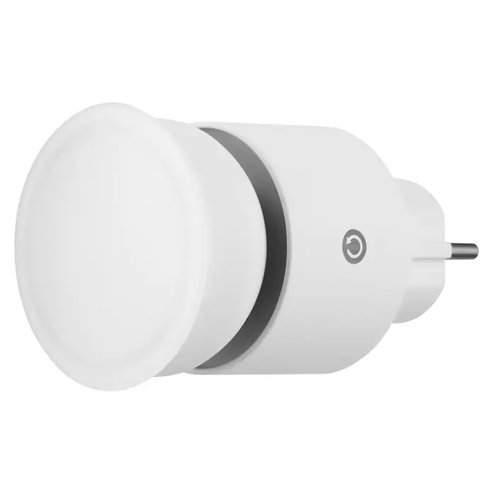 LED-Steckdosenspot - Ø x H: 6,3 x 10,4 cm, Weiß, 10 W, 1.000 lm, Dimmbar - Nahaufnahme eines weißen Smart Home Steckdosenadapters mit Ein/Aus-Taste.