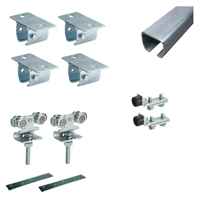 HBS Betz Schiebetorbeschlag Typ 30 - 200 cm, Traglast: 180 kg, Deckenmontage, Einsatzbereich: Stallungen - Detailaufnahme eines Sets für Schiebetüren, inklusive Rollen, Schienen und Stopper. Ideal für DIY-Projekte und Innenausbau.