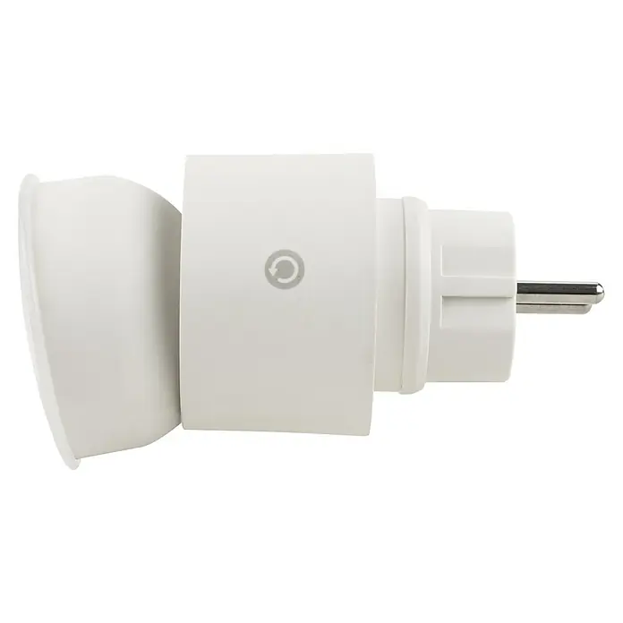 LED-Steckdosenspot - Ø x H: 6,3 x 10,4 cm, Weiß, 10 W, 1.000 lm, Dimmbar - Abbildung eines weißen Smart Home Zwischensteckers. Der smarte Stecker ist mit einer Schuko Steckdose versehen.
