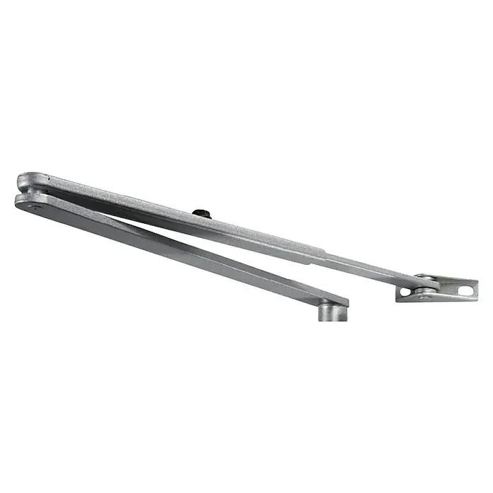 GEZE Türfeststeller TS 2000/ 4000 - L x B x H: 33 x 55 x 45 mm, Silber - Ein silberner Türschließer mit zwei Armen ist im Bild zu sehen, der für automatische Schließmechanismen an Türen sorgt.